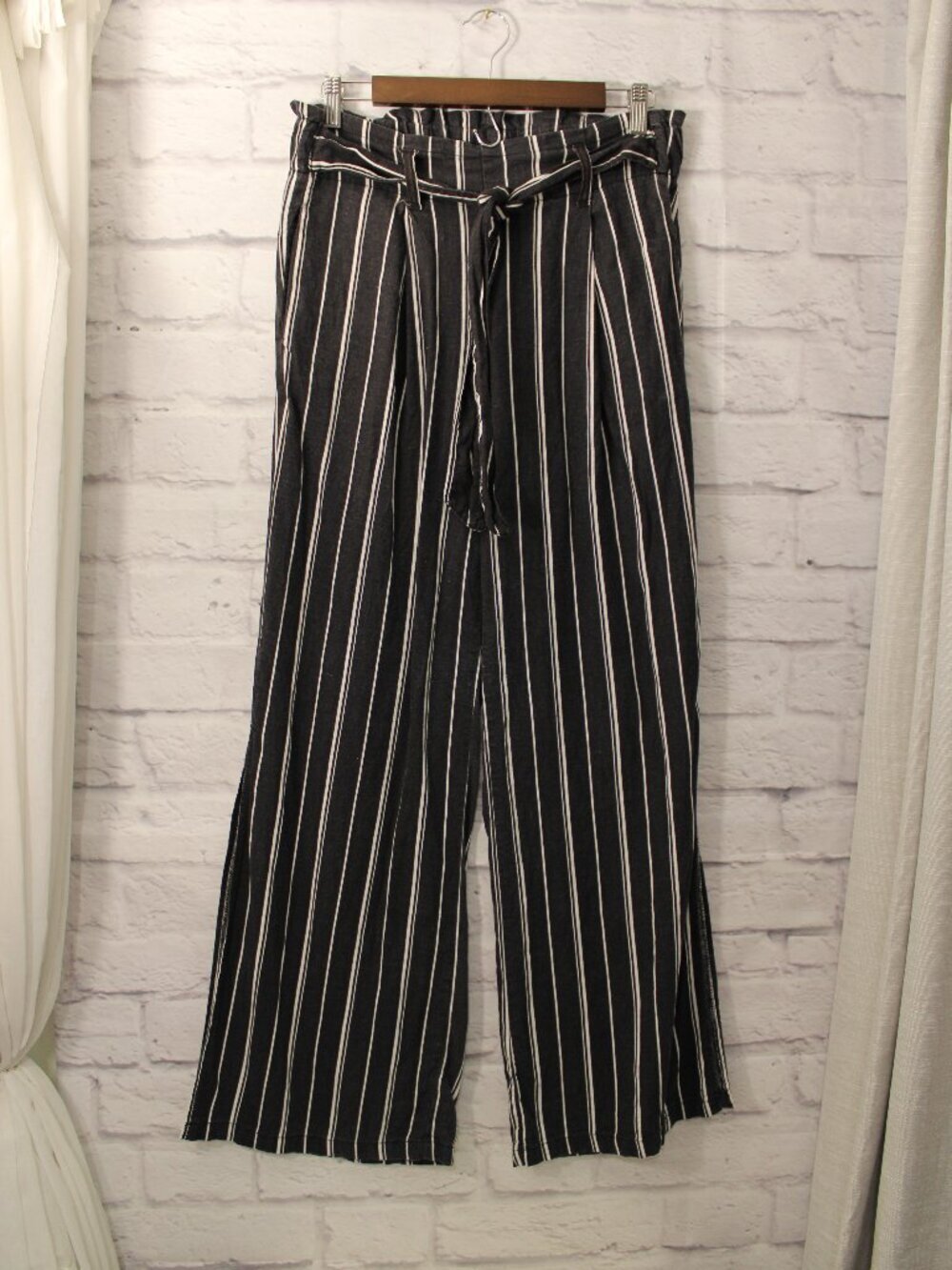 Rewash Linen Stripe Pull on Wide Leg Slit High Rise Belted Pants Size Medium